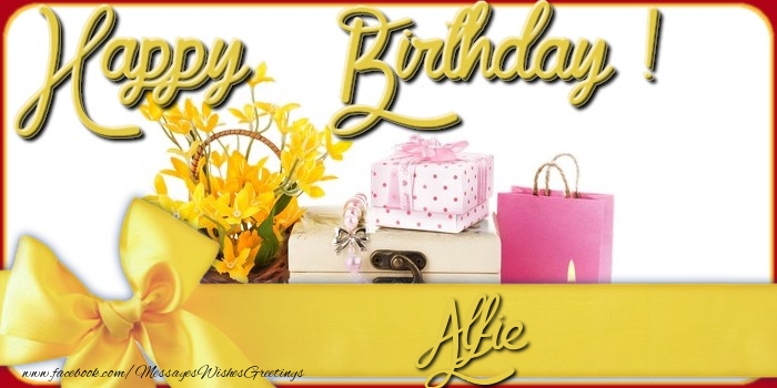 Greetings Cards for Birthday - Bouquet Of Flowers & Gift Box | Happy Birthday Alfie