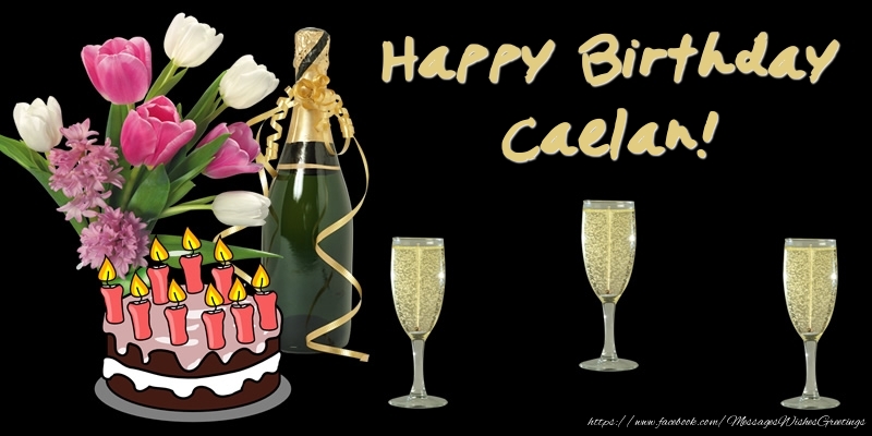Greetings Cards for Birthday - Bouquet Of Flowers & Cake & Champagne & Flowers | Happy Birthday Caelan!